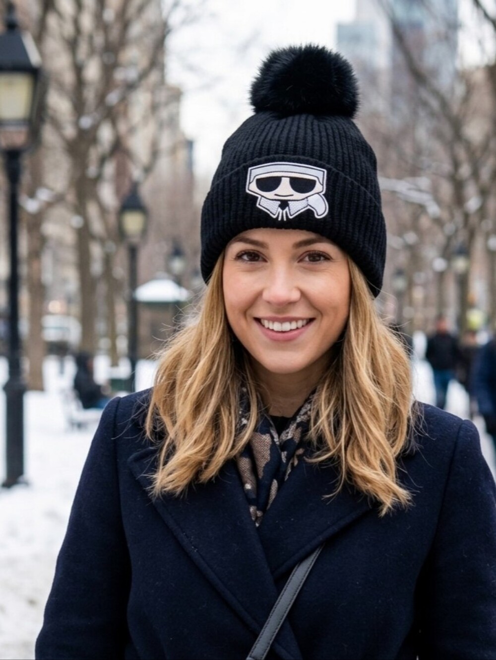 Karl Lagerfeld Black Pom Pom Beanie